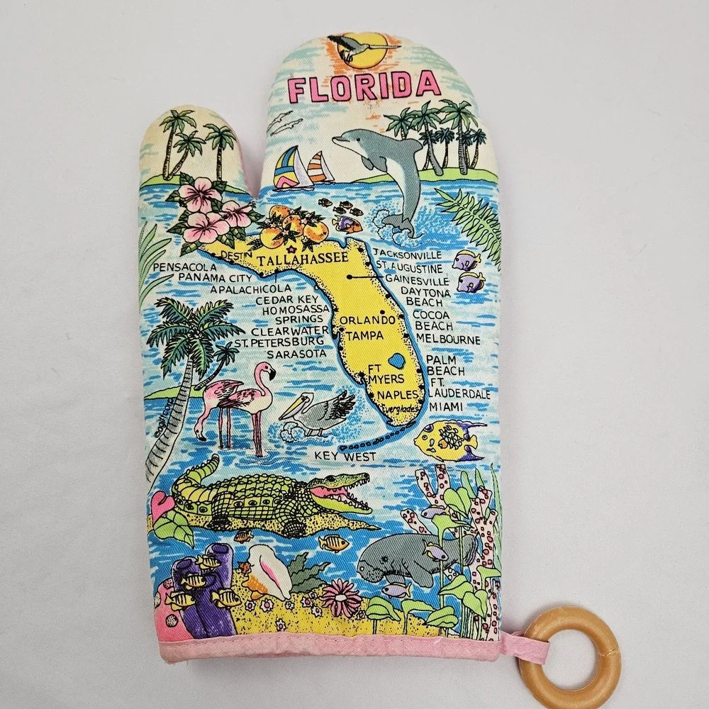 Vintage Florida Map Oven Mitt Unisex OS Pink Tropical Souvenir Kitsch Beach